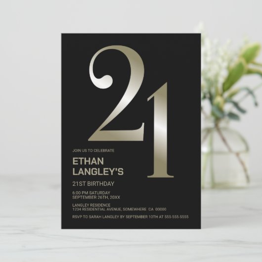 Modern Zwart Goud 21e Verjaardagsfeestje Kaart (Staand voorkant)
