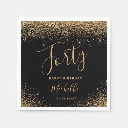 Modern Zwart Goud 40e Verjaardag Glitter Script Servet (Voorkant)