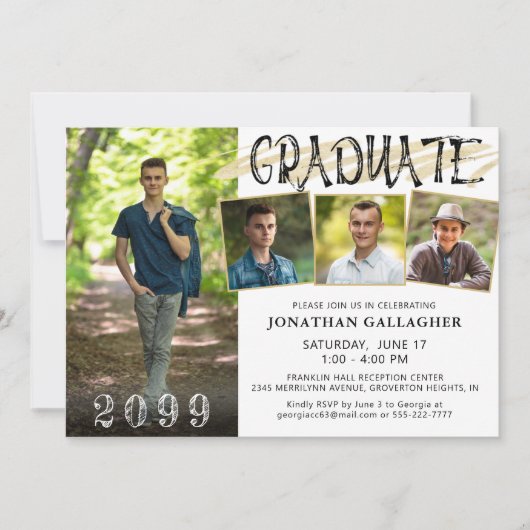 Modern Zwart Goud 4 Foto's Hand Lettered Afstudere Kaart (Voorkant)