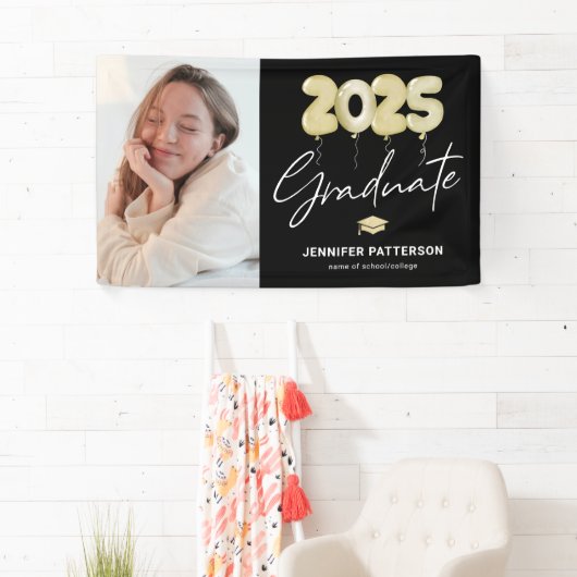 Modern Zwart Goud Afstuderen 2025 Fotobanner Spandoek (Insitu)