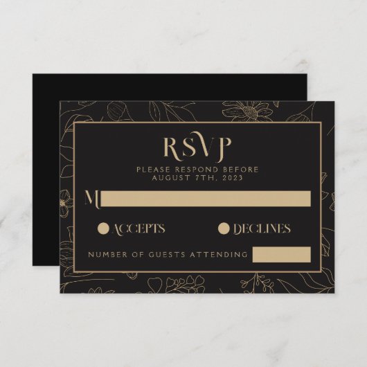Modern Zwart & Goud Anemoon Bloemen Bruiloft RSVP Kaartje (Voorkant / Achterkant)