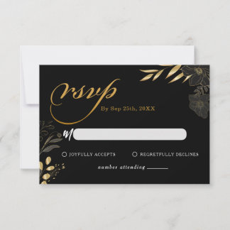 Modern Zwart Goud Bloemen Elegante Bruiloft RSVP Notitiekaartje
