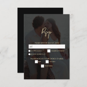 Modern Zwart Goud Foto Overlay Bruiloft RSVP Kaartje