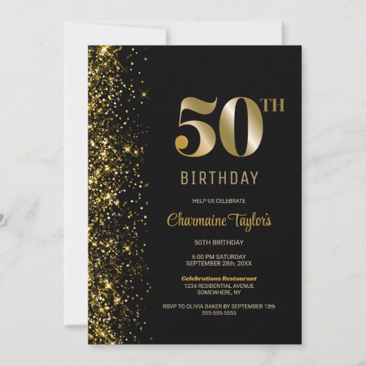 Modern Zwart Goud Glitter 50e Verjaardagsfeest Kaart (Voorkant)