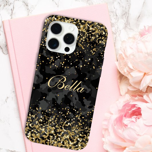 Modern Zwart Goud Glitter Girly gepersonaliseerde  Case-Mate iPhone Case