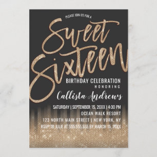 Modern Zwart Goud Glitter Typografie Sweet 16 Kaart