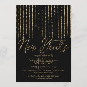 Modern Zwart Goud Hanging Glitter New Years Eve Kaart
