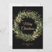 Modern Zwart Goud Kerstmis Groen Botanisch Feestdagenkaart (Voorkant)