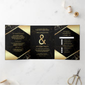 Modern Zwart Goud Marmer Ampersand Bruiloft Drieluik Uitnodiging (Binnen)