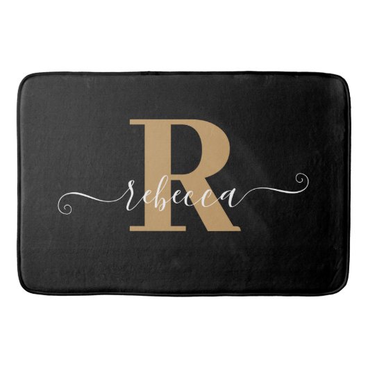 Modern Zwart Goud Monogram Hand Script Naam Bath M Badmat (Voorkant)