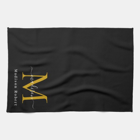 Modern Zwart Goud Monogram Initiaal Script Aangepa Theedoek (Horizontaal)
