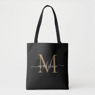 Modern zwart goud monogram meisjesachtig vrouwelij draagtas