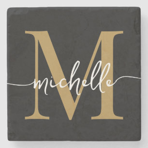 Modern Zwart Goud Monogram Naam Elegant Script Stenen Onderzetter