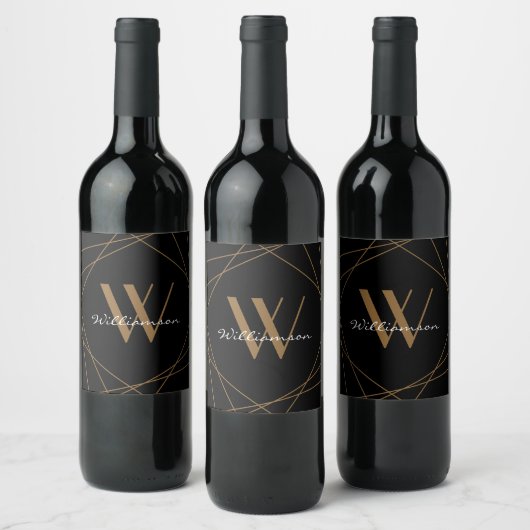 Modern Zwart Goud Monogram Naam Script Geometrisch Wijn Etiket (Flessen)