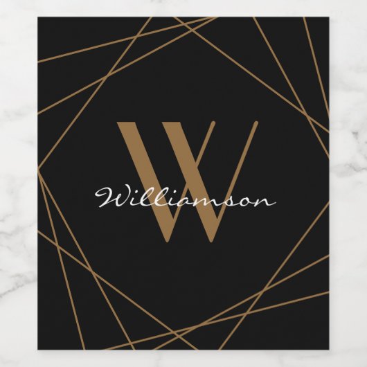 Modern Zwart Goud Monogram Naam Script Geometrisch Wijn Etiket (Enkel label)