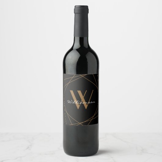 Modern Zwart Goud Monogram Naam Script Geometrisch Wijn Etiket (Voorkant)