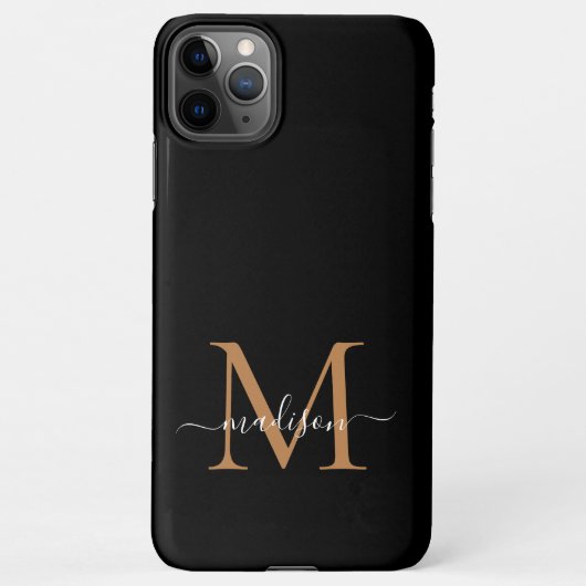 Modern Zwart Goud Monogram Script Naam iPhone case Hoesje (Achterkant)