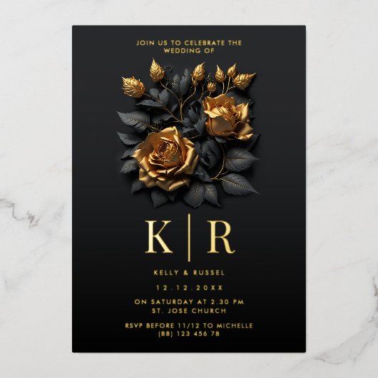Modern Zwart Goud Rozen Gotische bruiloft Folie Uitnodiging (Voorkant)