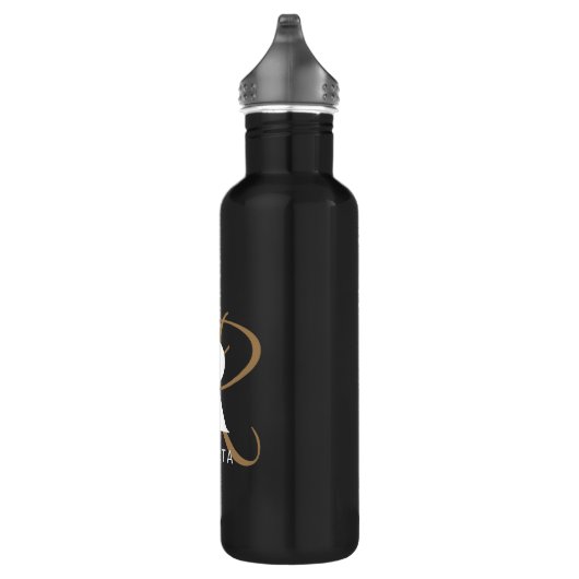 Modern Zwart Goud Script Monogram Naam Waterfles (Rechts)