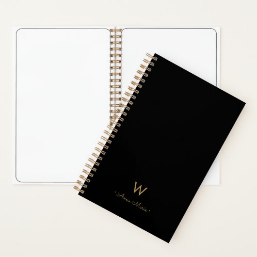 Modern Zwart Goud Script Monogram Notitieboek (Binnen)