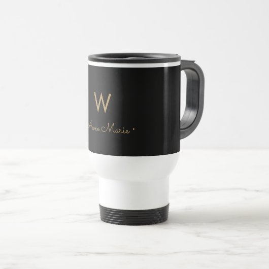 Modern Zwart Goud Script Monogram Reisbeker (Voorkant rechts)