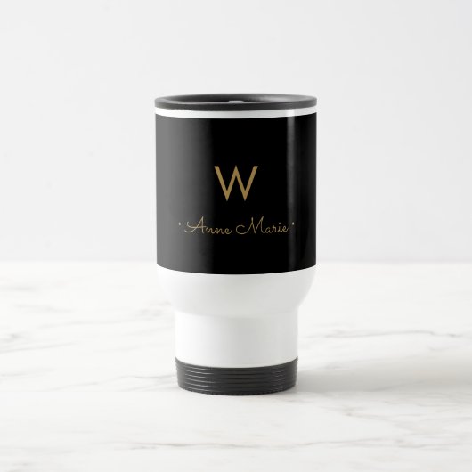 Modern Zwart Goud Script Monogram Reisbeker (Center)