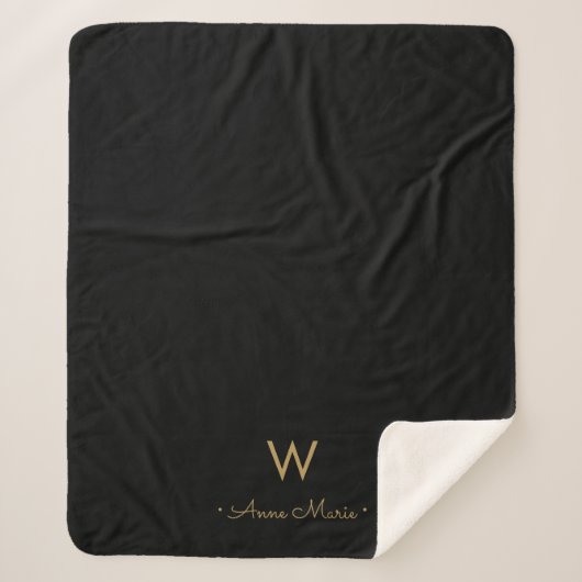 Modern Zwart Goud Script Monogram Sherpa Deken (Voorkant)