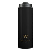 Modern Zwart Goud Script Monogram Thermosbeker (Voorkant)