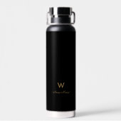 Modern Zwart Goud Script Monogram Waterfles (Achterkant)