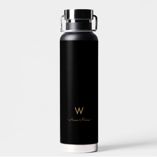 Modern Zwart Goud Script Monogram Waterfles (Achterkant)