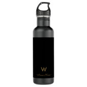 Modern Zwart Goud Script Monogram Waterfles (Voorkant)