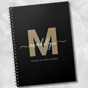 Modern Zwart Goud Script Naam Initiaal Monogram Notitieboek