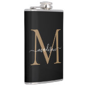 Modern Zwart Goud Stijlvol Monogram Girly Script Heupfles (Rechts)