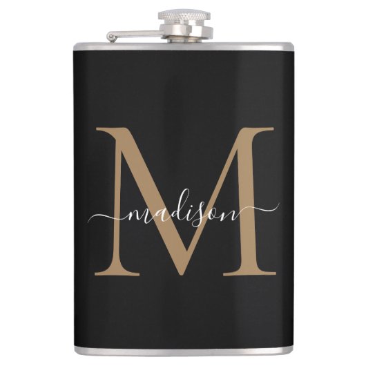 Modern Zwart Goud Stijlvol Monogram Girly Script Heupfles (Voorkant)