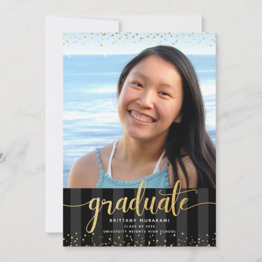 Modern zwart goudglitter script afstuderen foto's aankondiging (Voorkant)