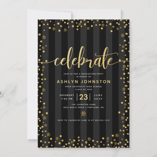 Modern zwart goudglitter script girly afstuderen kaart (Voorkant)