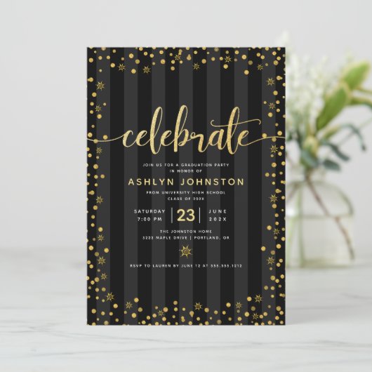 Modern zwart goudglitter script girly afstuderen kaart (Staand voorkant)