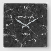 Modern zwart grijs marmeren patroon familienaam vierkante klok (Voorkant)
