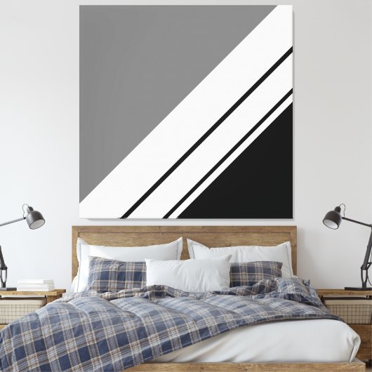 Modern Zwart Grijs Wit Diagonaal Racing Stripes Canvas Afdruk (Insitu (Slaapkamer))