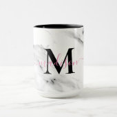 Modern zwart grijs wit marmer patroon monogram mok (Midden)