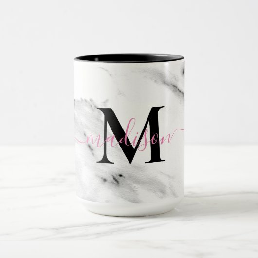 Modern zwart grijs wit marmer patroon monogram mok (Midden)