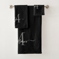 Modern Zwart Grijs Zilver Monogram Script Naam