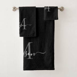 Modern Zwart Grijs Zilver Monogram Script Naam Bad Handdoek