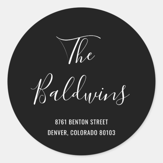 Modern zwart, groot adres voor retournering ronde sticker (Voorkant)