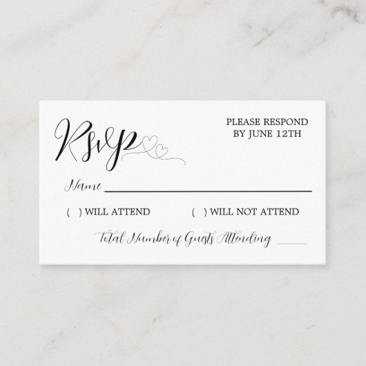 Modern Zwart Hart Kalligrafie Script Bruiloft RSVP Informatiekaartje (Voorkant)