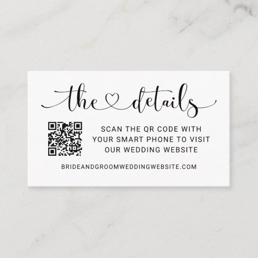 Modern Zwart Hart Script Bruiloft QR Code Details Informatiekaartje (Voorkant)