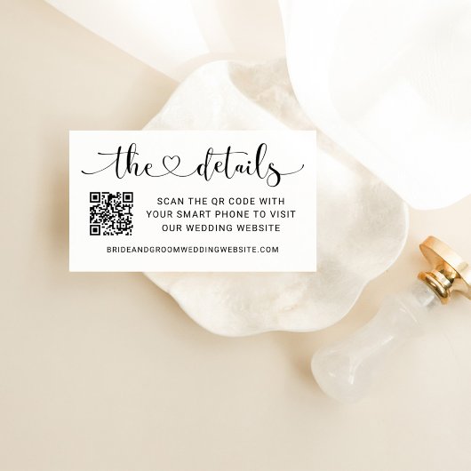 Modern Zwart Hart Script Bruiloft QR Code Details Informatiekaartje