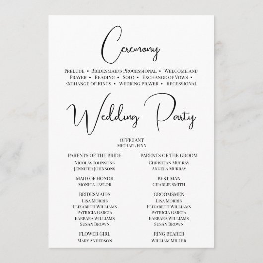 Modern zwart kalligrafie bruiloft ceremonie progra programma (Achterkant)