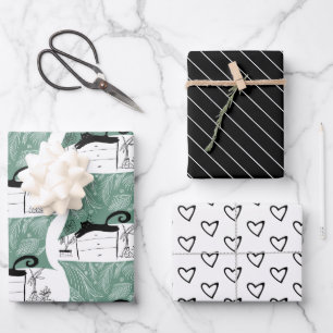Modern zwart kat en plantenpatroon inpakpapier vel