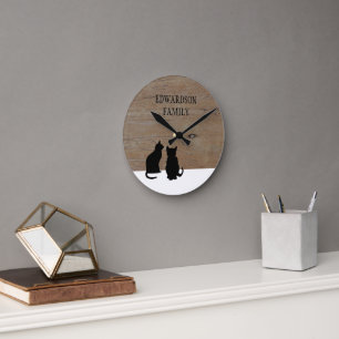 Modern zwart Katten silhouetten hout familienaam Ronde Klok